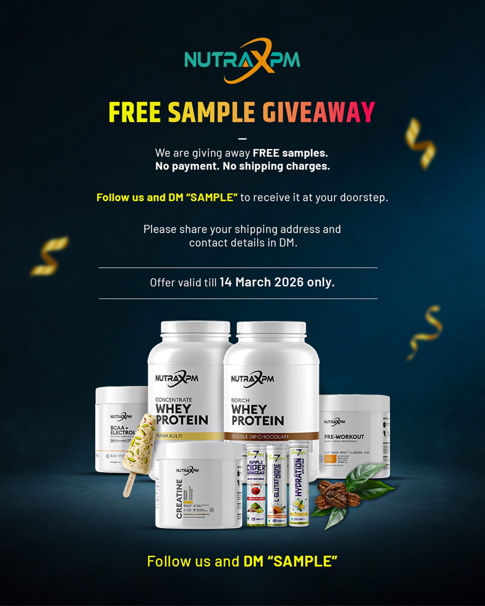 FREE Sample Offer- Whey Protein , BCAA, Creatine, Pre-Workout, ACV, L-Glutathione, Hydration